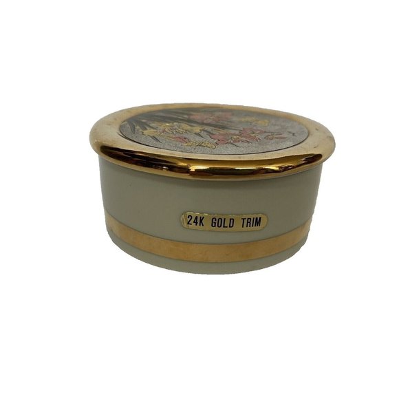 The Art Of Chokin Decorative Trinket Box 24K Gold Edge Butterfly & Iris Flowers - Picture 1 of 12